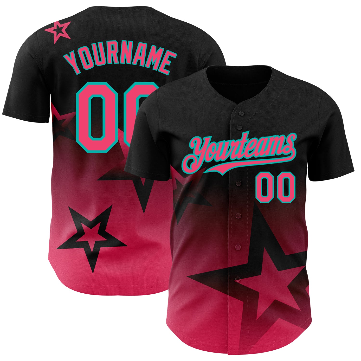 Personalized 3D Gradient Twinkle Star Baseball Jersey in Black Neon Pink-Aqua Personalized Black Neon Pink-Aqua 3D Gradient