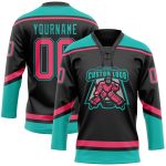 Personalized Hockey Lace Neck Jersey in Black Neon Pink Aqua - Custom Sports Apparel Personalized Black Neon Pink-Aqua Hockey