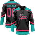 Personalized Hockey Lace Neck Jersey in Black Neon Pink Aqua - Custom Sports Apparel Personalized Black Neon Pink-Aqua Hockey
