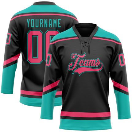 Personalized Hockey Lace Neck Jersey in Black Neon Pink Aqua - Custom Sports Apparel Personalized Black Neon Pink-Aqua Hockey