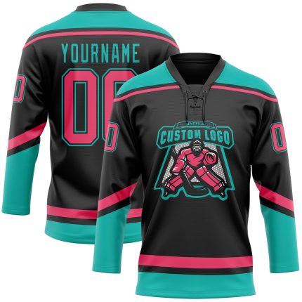 Custom Name and Number Personalized Black Neon Pink-Aqua Hockey Jersey Lace Neck - Team Apparel Personalized Black Neon Pink-Aqua