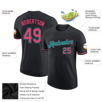 Personalized Performance T-Shirt in Black, Neon Pink, Aqua - Custom Activewear for Men and Women Personalized Black Neon