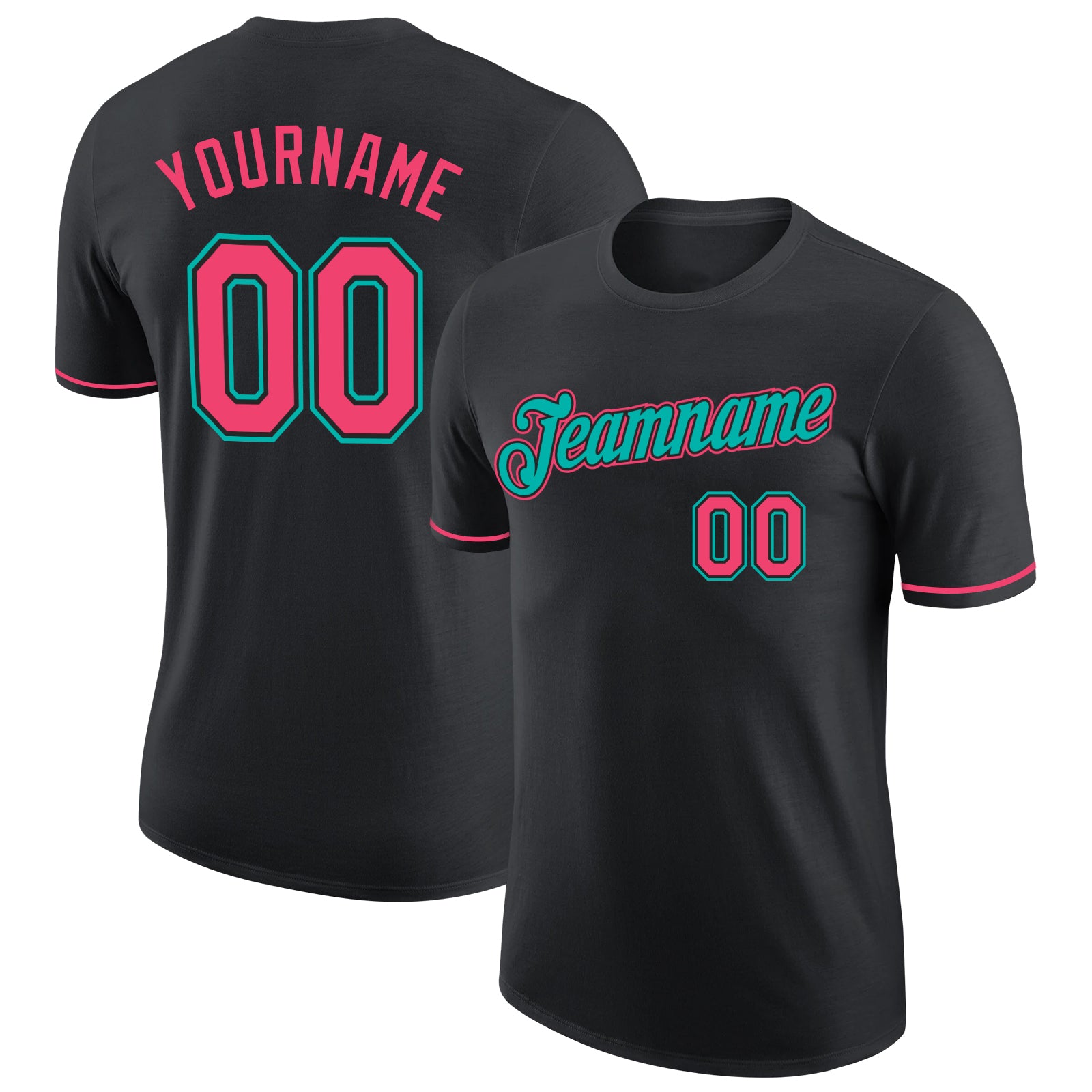Custom Team Performance T-Shirt with Personalized Name and Number in Black, Neon Pink, Aqua - Athletic Wear Personalized