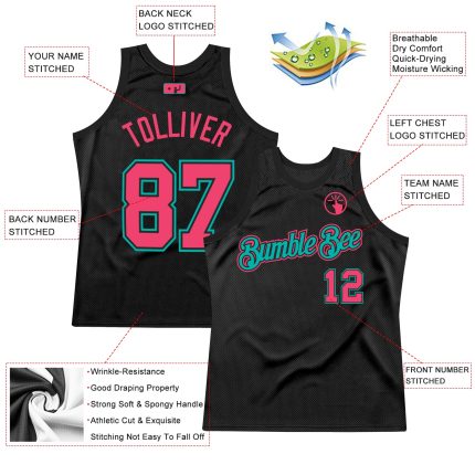 Custom Black Neon Pink Aqua Basketball Jersey - Personalized Throwback Style Personalized Black Neon Pink-Aqua Throwback