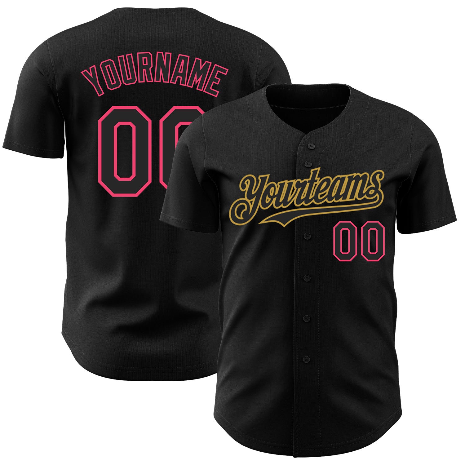 Custom Name and Number Personalized Baseball Jersey in Black Neon Pink and Old Gold - Authentic Team Apparel Personalized