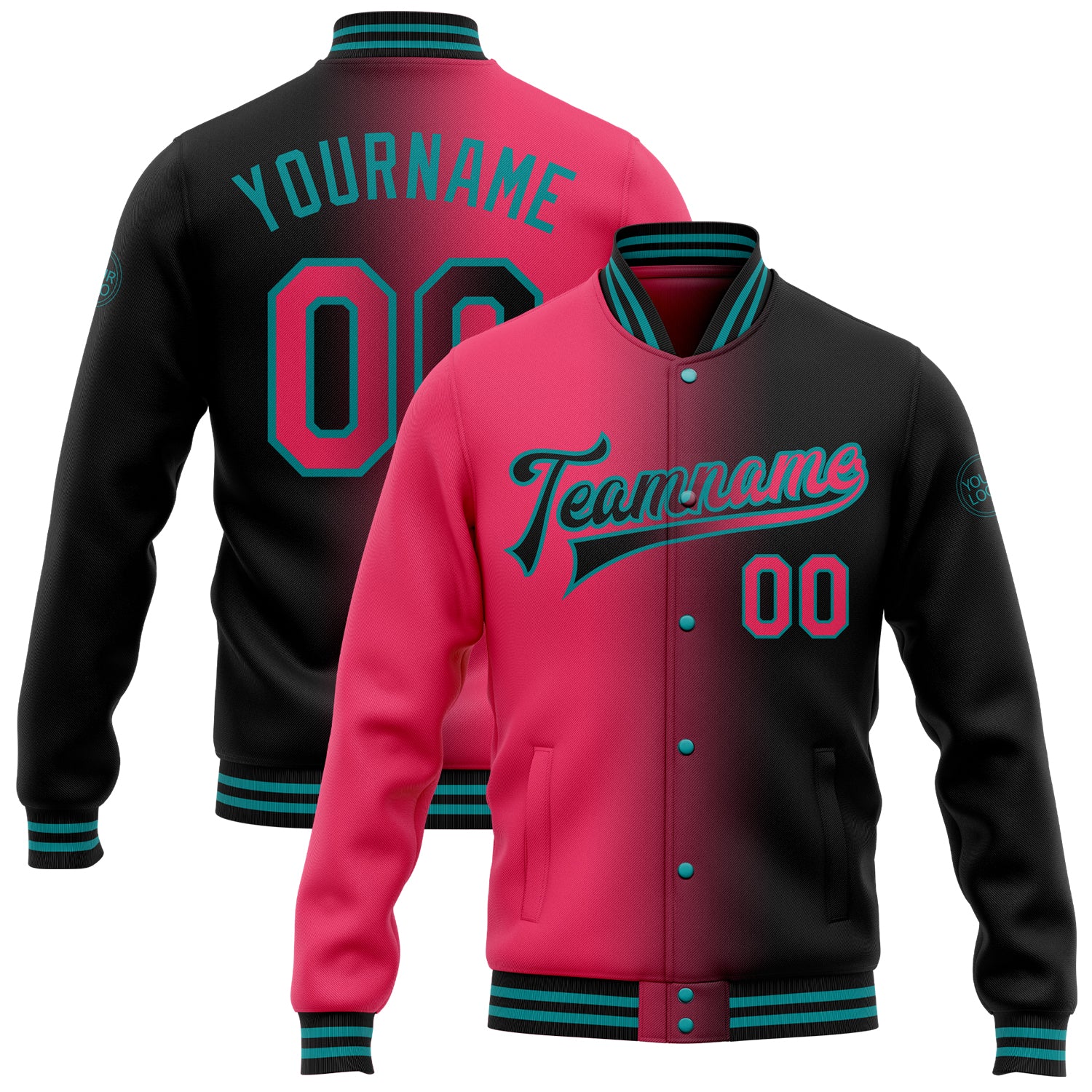 Personalized Neon Pink Teal Black Gradient Varsity Letterman Bomber Jacket Full-Snap Fashion Jacket Personalized Black Neon