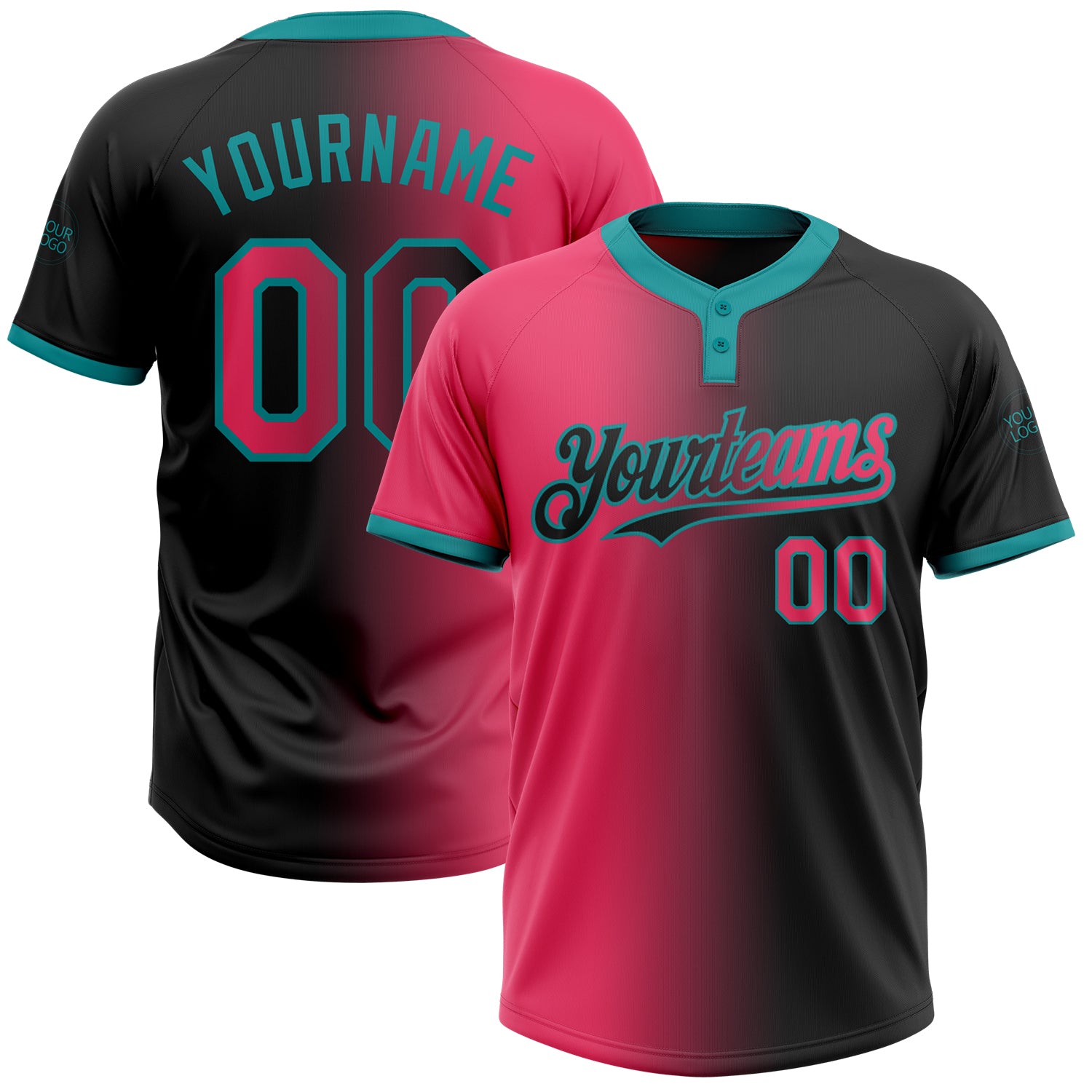 Personalized Softball Jersey in Black Neon Pink-Teal Gradient, Unisex Two-Button Design, Customize Your Style Personalized