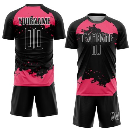 Personalized Neon Pink White Abstract Fragment Soccer Uniform Jersey Black Art Personalized Black Neon Pink-White Abstract