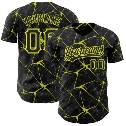 Custom Black Neon Yellow 3D Abstract Baseball Jersey - Unique Network Design Personalized Black Neon Yellow 3D Abstract Network