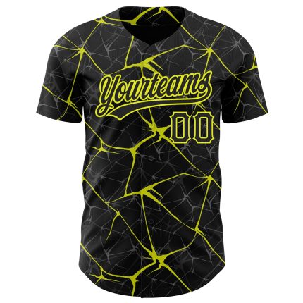 Custom Black Neon Yellow 3D Abstract Baseball Jersey - Unique Network Design Personalized Black Neon Yellow 3D Abstract Network