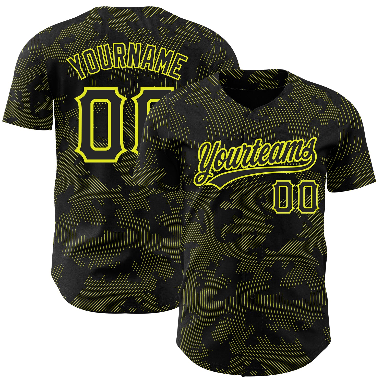 Personalized Black Yellow Neon Baseball Jersey with 3D Curve Lines Design Personalized Black Neon Yellow 3D Curve Lines Baseball