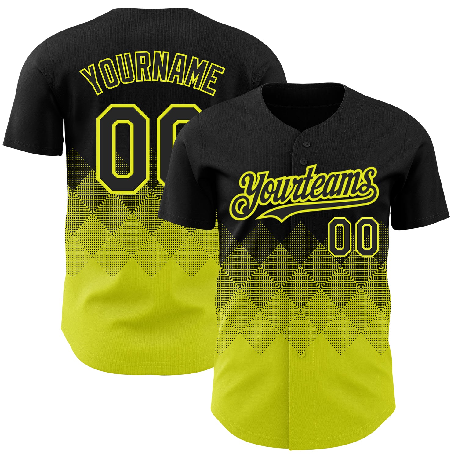 Personalized Black and Yellow 3D Gradient Baseball Jersey with Square Shapes Personalized Black Neon Yellow 3D Gradient Square