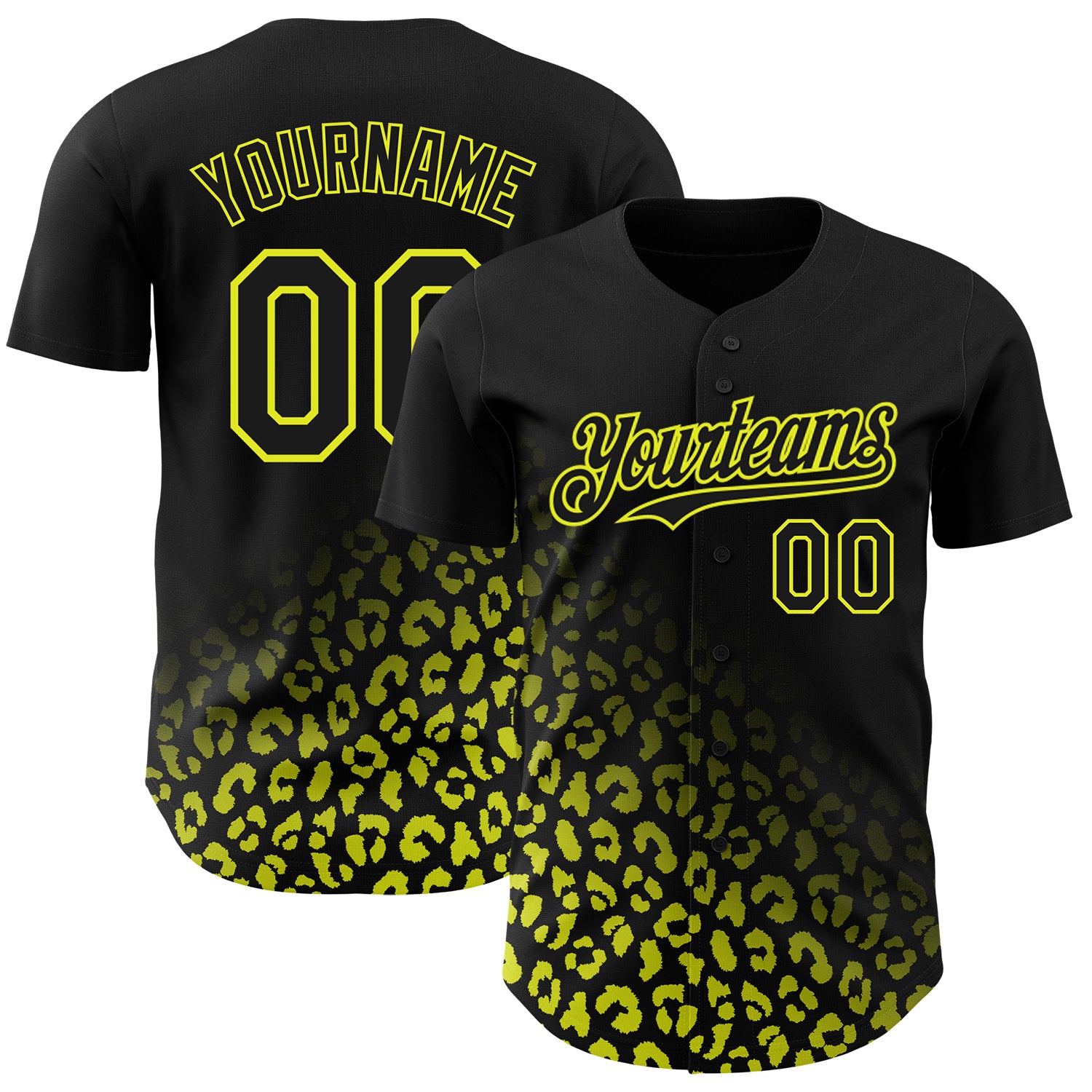 Personalized 3D Leopard Print Baseball Jersey in Black and Neon Yellow Fashion Fade Design Personalized Black Neon Yellow