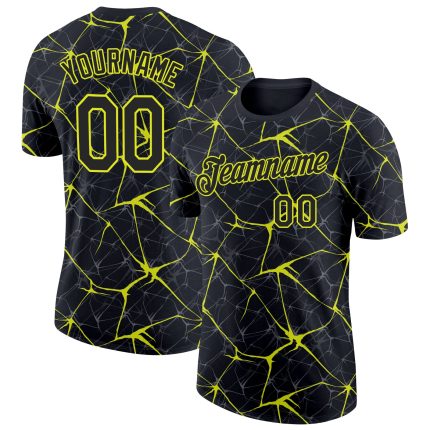 Custom Name and Number Neon Yellow 3D Pattern Performance T-Shirt - Personalized Black Abstract Network Design Personalized