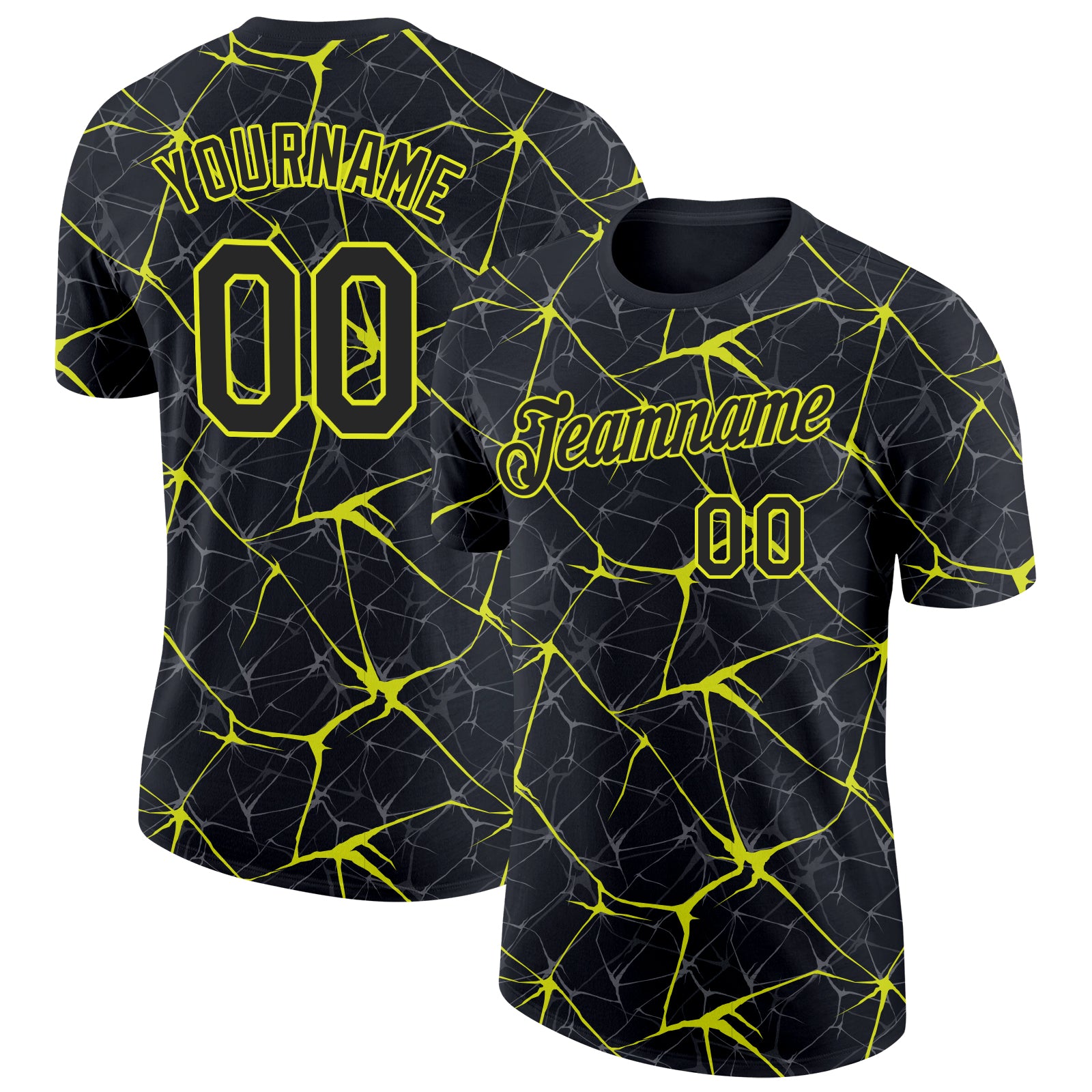 Custom Name and Number Neon Yellow 3D Pattern Performance T-Shirt - Personalized Black Abstract Network Design Personalized