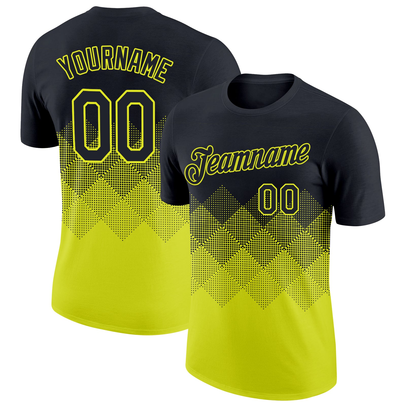 Custom Team Performance T-Shirt with Personalized Name & Number, Black Neon Yellow 3D Gradient Square Pattern Design Personalized