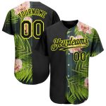 Personalized Hawaii Tropical Palm Leaves Baseball Jersey with Orchids, Custom Name & Number, Black Neon Yellow 3D Pattern Design