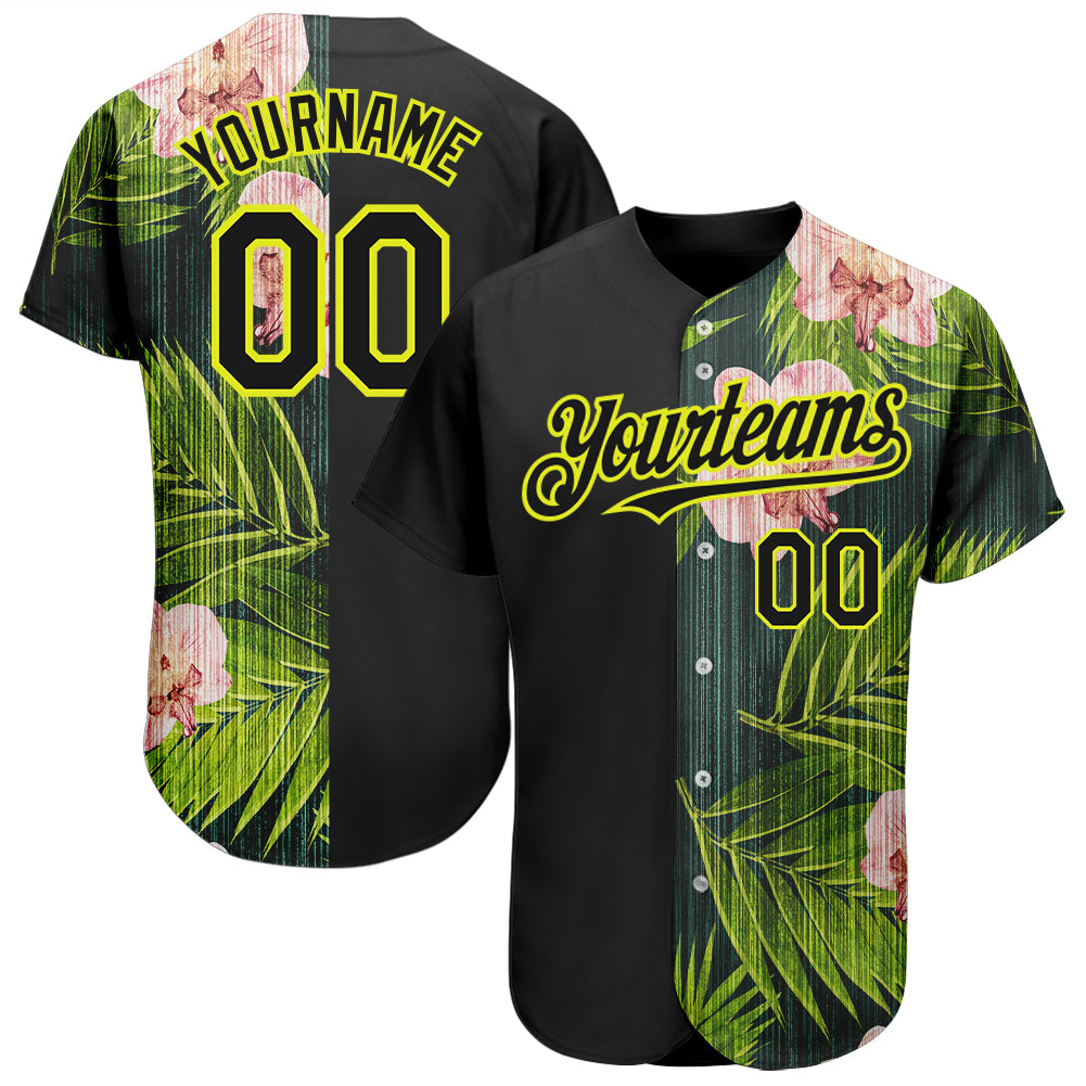 Personalized Hawaii Tropical Palm Leaves Baseball Jersey with Orchids, Custom Name & Number, Black Neon Yellow 3D Pattern Design
