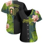 Personalized Hawaii Tropical Palm Leaves Baseball Jersey with Orchids, Custom Name & Number, Black Neon Yellow 3D Pattern Design