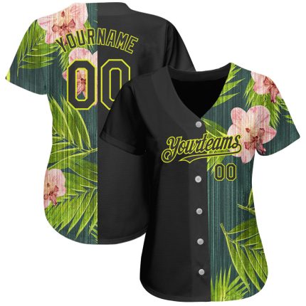 Personalized Hawaii Tropical Palm Leaves Baseball Jersey with Orchids, Custom Name & Number, Black Neon Yellow 3D Pattern Design
