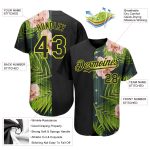 Personalized Hawaii Tropical Palm Leaves Baseball Jersey with Orchids, Custom Name & Number, Black Neon Yellow 3D Pattern Design