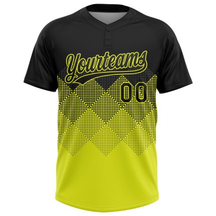 Custom Name and Number Unisex Softball Jersey with Black Neon Yellow 3D Pattern Gradient Square Shapes - Two-Button Design