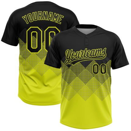 Custom Name and Number Unisex Softball Jersey with Black Neon Yellow 3D Pattern Gradient Square Shapes - Two-Button Design