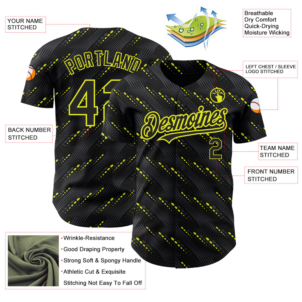Personalized Black Neon Yellow 3D Slant Lines Baseball Jersey Personalized 3D Black Yellow Neon Baseball Jersey with Slant Lines Personalized Black Neon Yellow 3D Slant Lines Baseball - Image 3