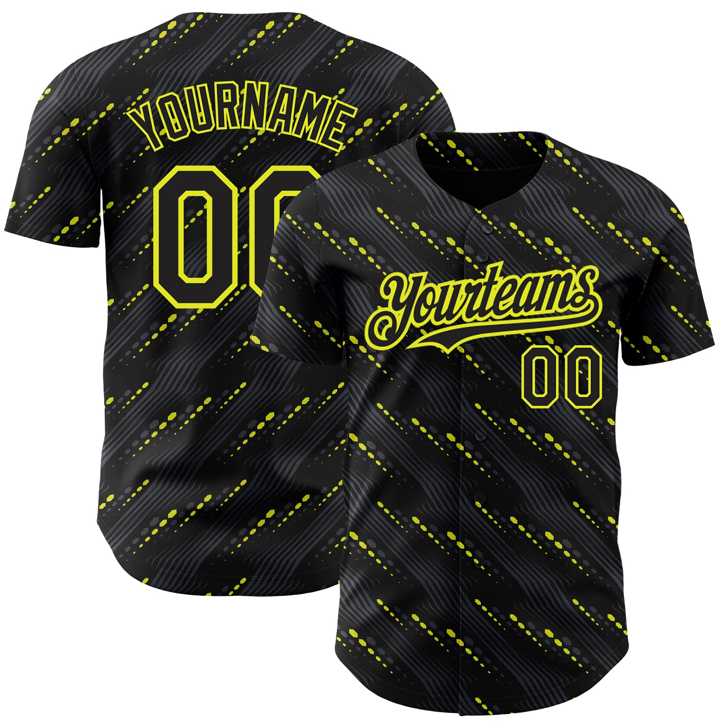 Personalized 3D Black Yellow Neon Baseball Jersey with Slant Lines Personalized Black Neon Yellow 3D Slant Lines Baseball