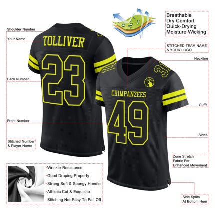Custom Black Neon Yellow Football Jersey with Personalized Name & Number - Authentic Mesh Team Gear Personalized Black Neon