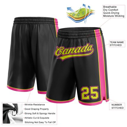 Custom Basketball Shorts with Team Name and Number - Personalized Black Neon Yellow-Pink Authentic Design Personalized Black