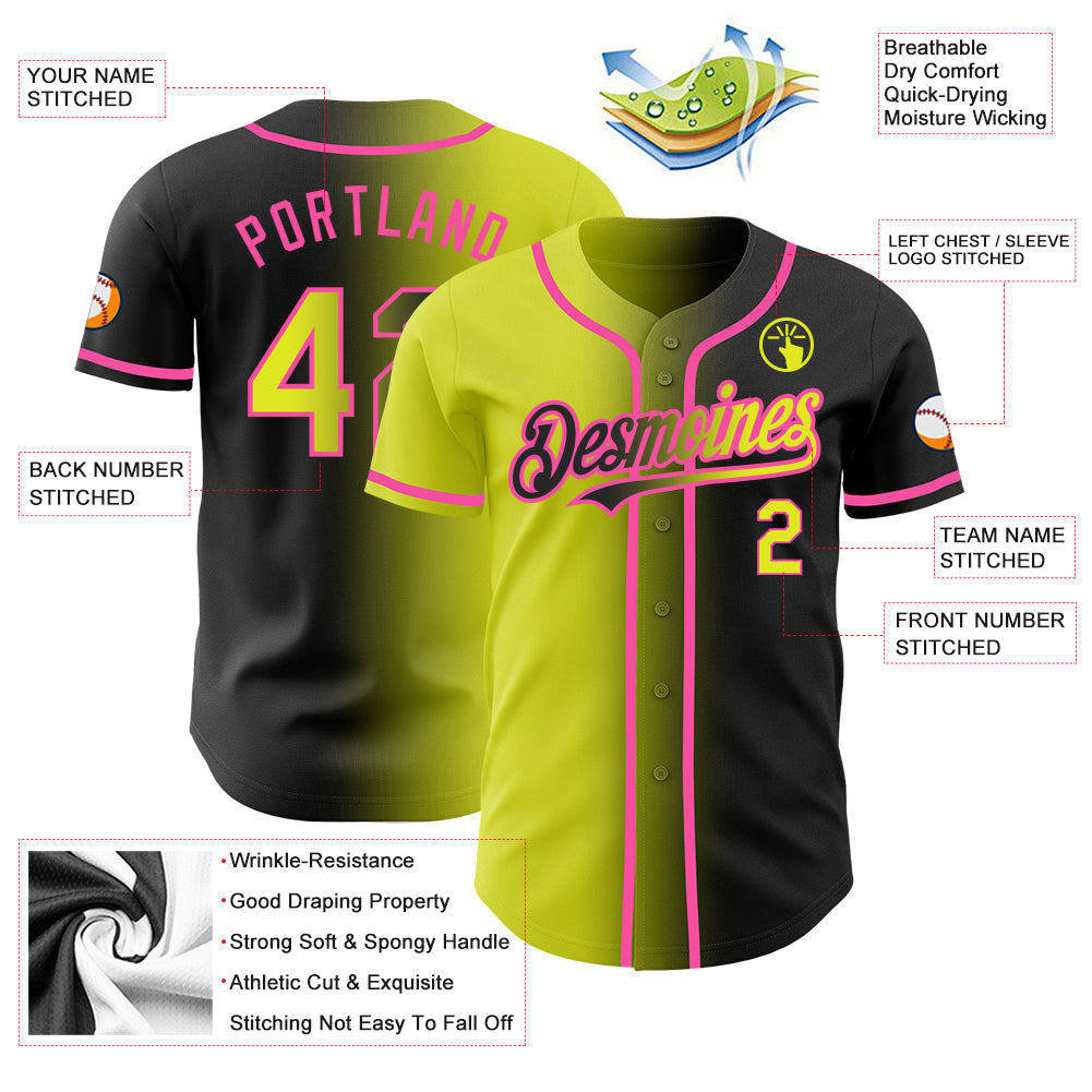 Personalized Black Neon Yellow-Pink Gradient Fashion Baseball Jersey Personalized Black Yellow Pink Gradient Baseball Jersey for Stylish Fashion Personalized Black Neon Yellow-Pink Gradient - Image 3