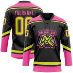 Personalized Hockey Neck Jersey Black Neon Yellow Pink Lace Design Personalized Black Neon Yellow-Pink Hockey Lace Neck Jersey