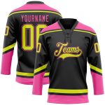 Custom Neon Yellow-Pink Hockey Jersey with Personalized Name & Number - Black Lace Neck Design Personalized Black Neon Yellow-Pink