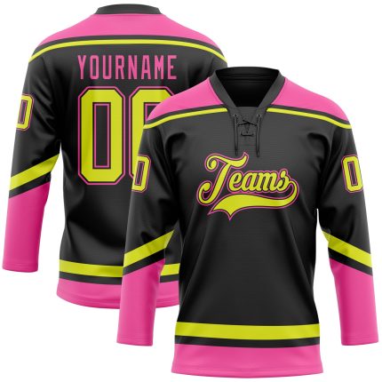 Custom Neon Yellow-Pink Hockey Jersey with Personalized Name & Number - Black Lace Neck Design Personalized Black Neon Yellow-Pink
