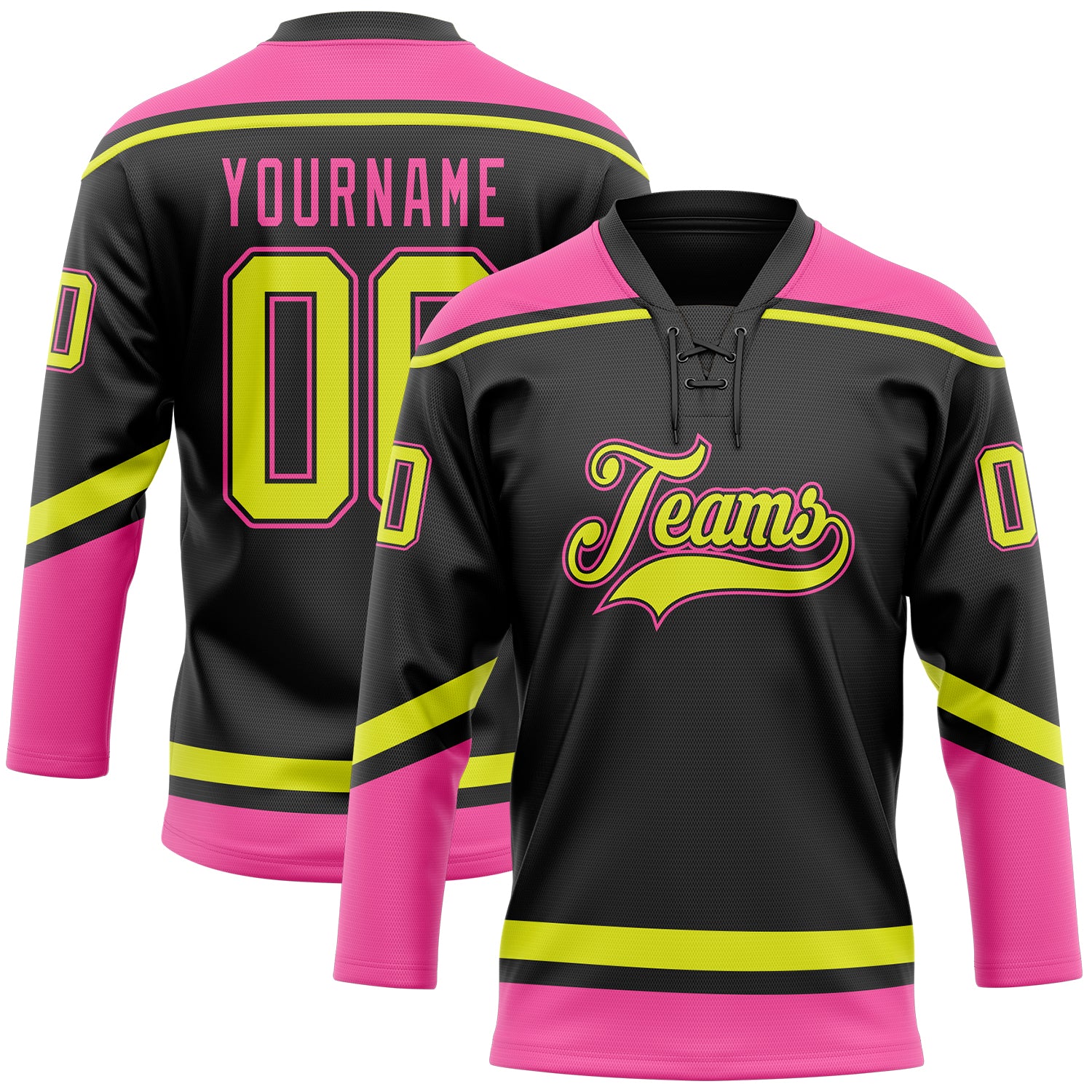 Custom Neon Yellow-Pink Hockey Jersey with Personalized Name & Number - Black Lace Neck Design Personalized Black Neon Yellow-Pink
