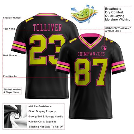 Personalized Neon Football Jersey in Black Yellow-Pink Mesh - Custom Team Apparel Personalized Black Neon Yellow-Pink Mesh