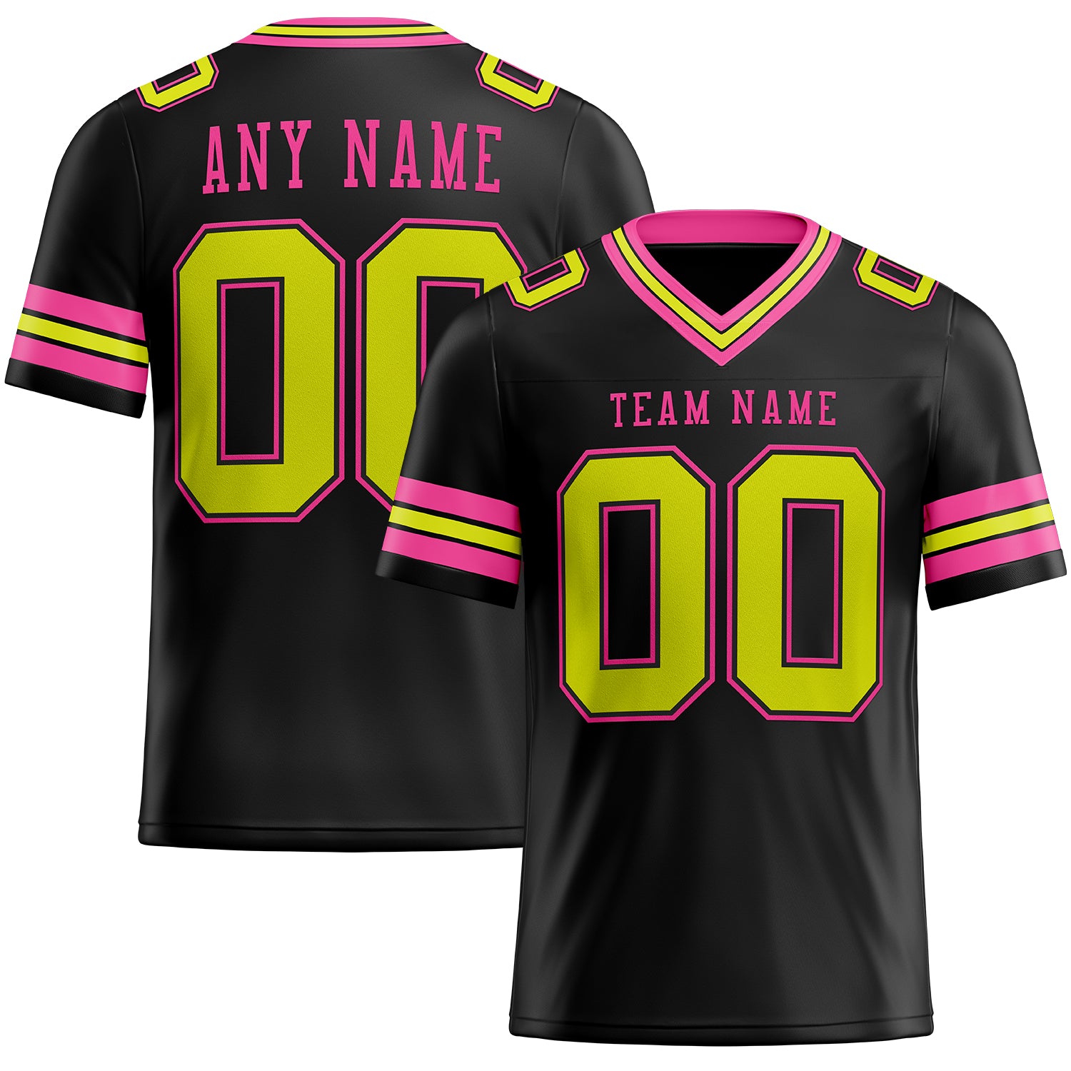Personalized Neon Football Jersey in Black Yellow-Pink Mesh - Custom Team Apparel Personalized Black Neon Yellow-Pink Mesh