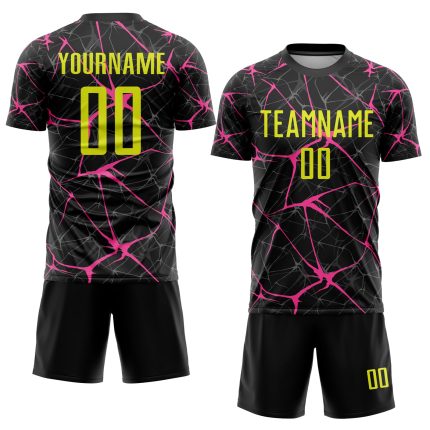 Personalized Soccer Uniform Jersey in Black Neon Yellow-Pink Sublimation Design Personalized Black Neon Yellow-Pink Sublimation