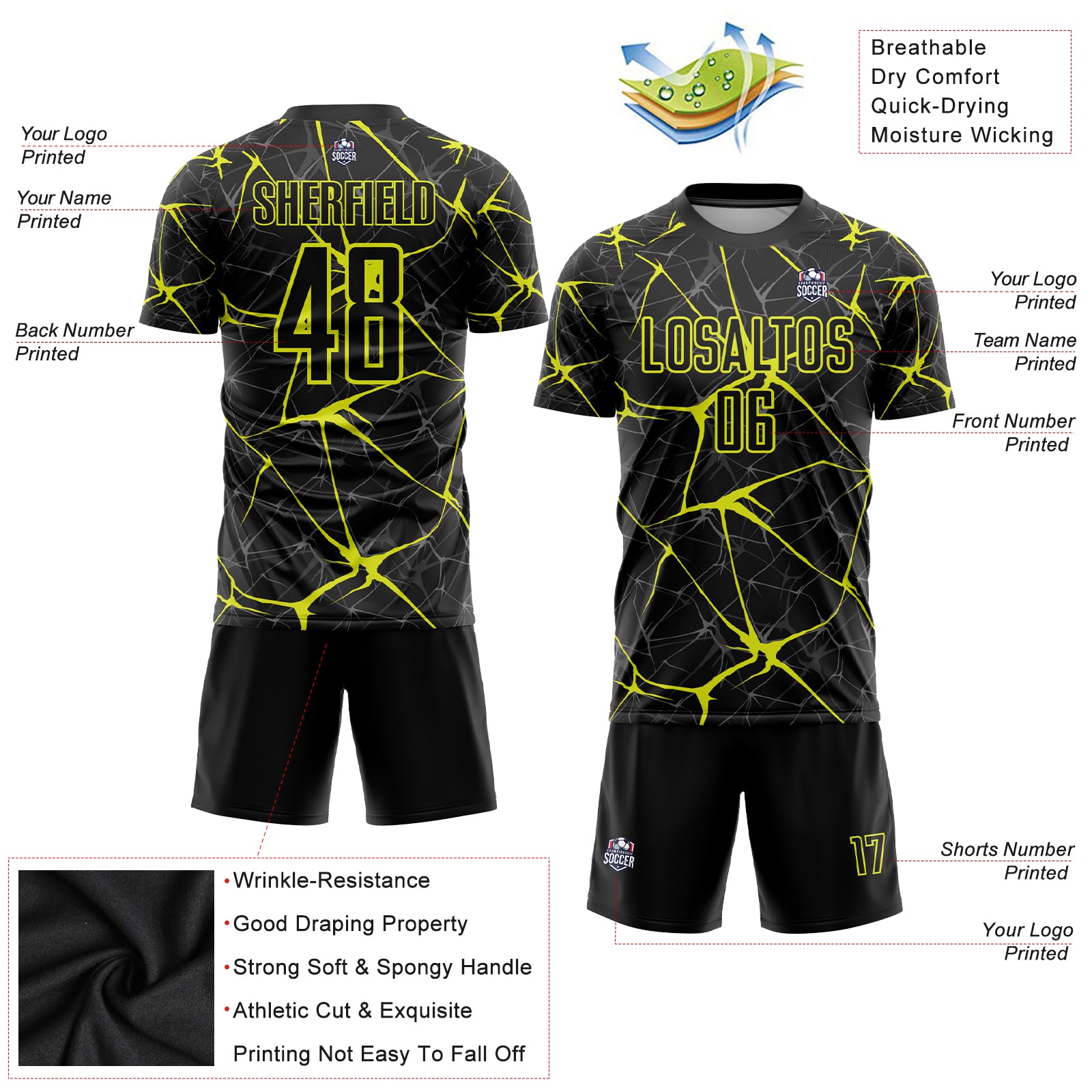 Personalized Black Neon Yellow Sublimation Soccer Uniform Jersey 2 Personalized Neon Yellow Black Soccer Jersey for Sublimation - Custom Uniform Set 2 Personalized Black Neon Yellow Sublimation - Image 3