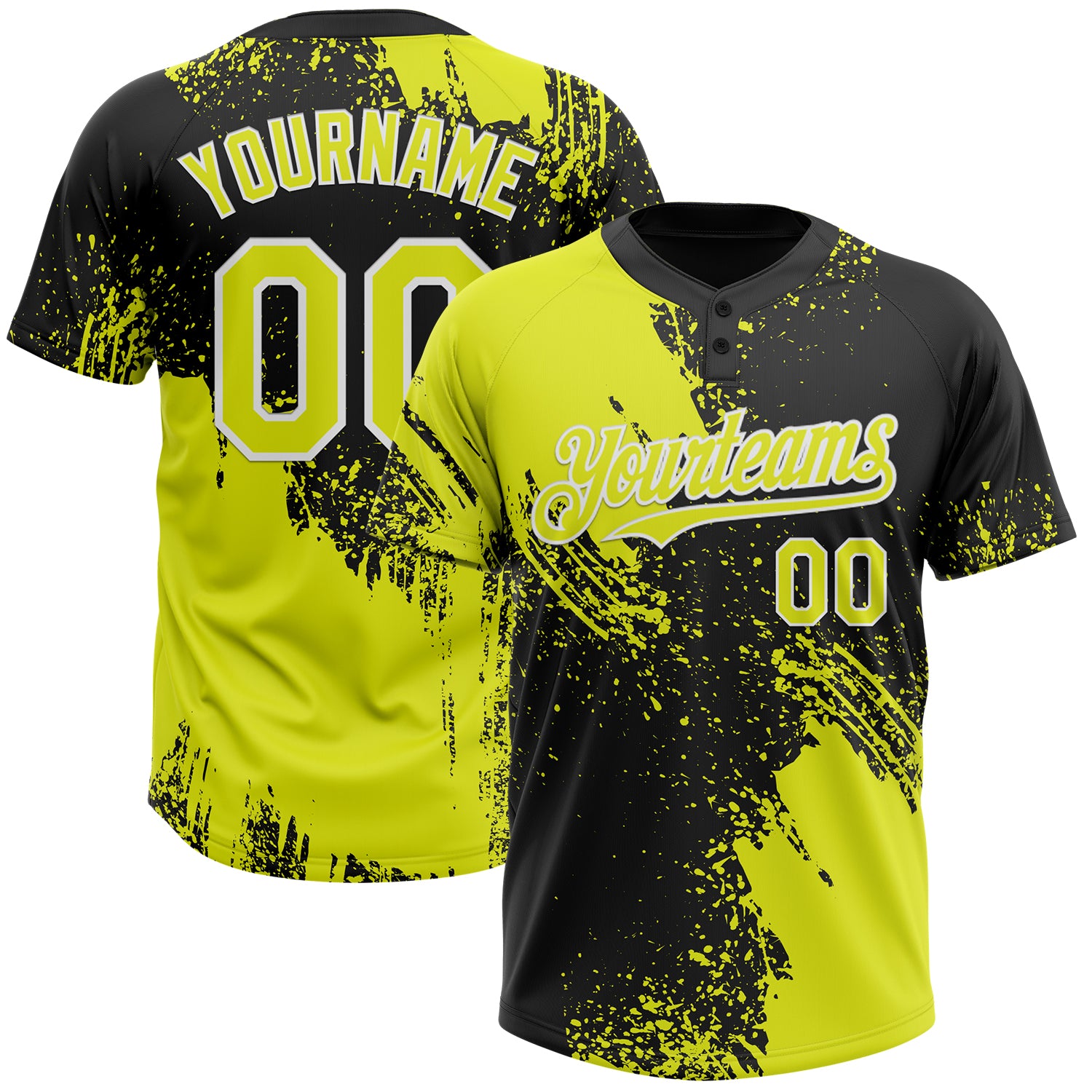 Personalized 3D Black Yellow White Abstract Brush Stroke Softball Jersey Unisex Two-Button Personalized Black Neon Yellow-White