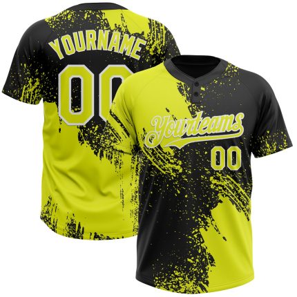 Custom Name and Number Unisex Softball Jersey - Personalized Black Neon Yellow-White 3D Abstract Brush Stroke Design Personalized