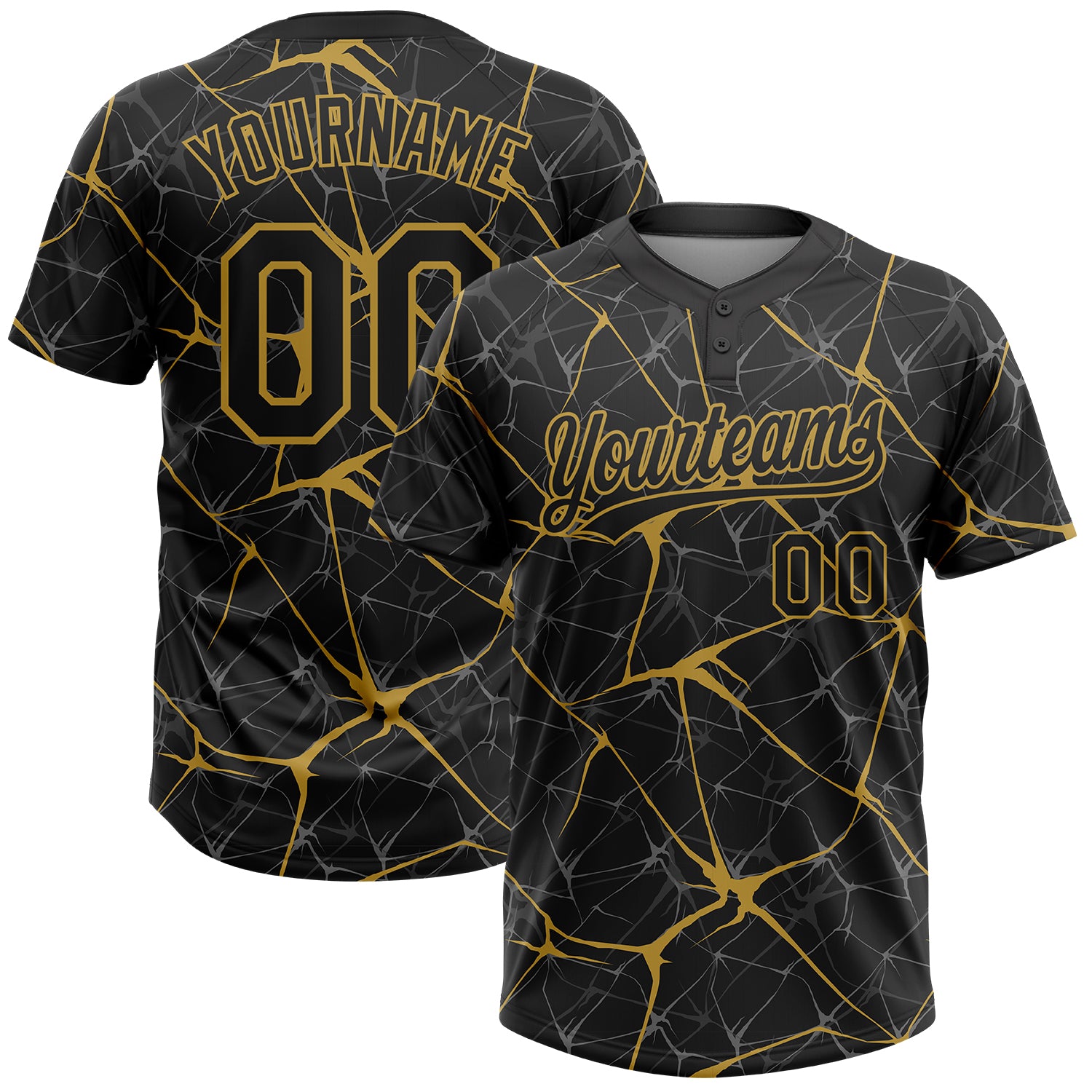 Personalized 3D Abstract Black and Old Gold Two-Button Unisex Softball Jersey Personalized Black Old Gold 3D Abstract Network