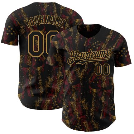 Personalized 3D American Flag Skull Baseball Jersey - Black & Old Gold Patriotic Design Personalized Black Old Gold 3D American