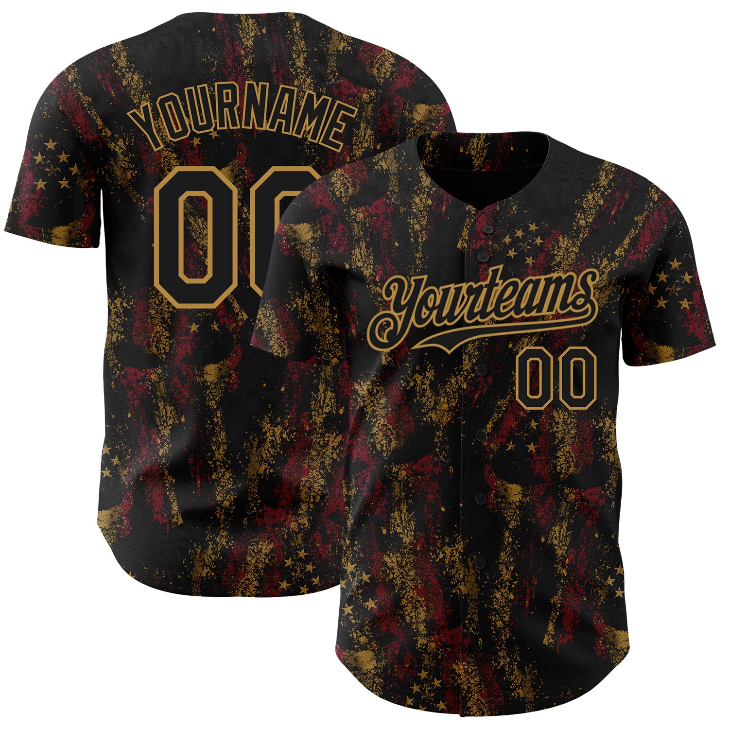 Personalized 3D American Flag Skull Baseball Jersey - Black & Old Gold Patriotic Design Personalized Black Old Gold 3D American