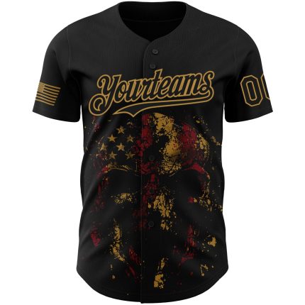 Custom American Flag Skull Baseball Jersey Personalized with Name & Number - Black & Gold Patriotic Design Personalized Black