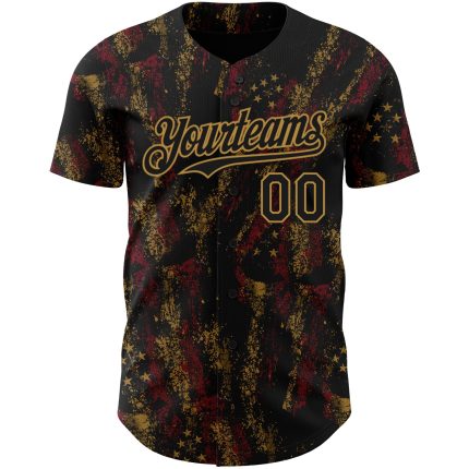 Personalized 3D American Flag Skull Baseball Jersey - Black & Old Gold Patriotic Style, Size 2 Personalized Black Old Gold