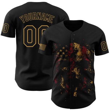 Personalized 3D American Flag Skull Baseball Jersey - Black Old Gold Patriotic Design Personalized Black Old Gold 3D American
