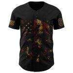 Personalized 3D American Flag Skull Baseball Jersey - Black Old Gold Patriotic Design Personalized Black Old Gold 3D American