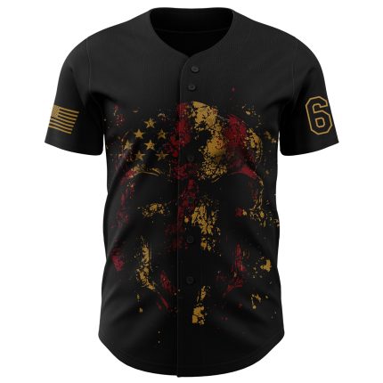 Personalized 3D American Flag Skull Baseball Jersey - Black Old Gold Patriotic Design Personalized Black Old Gold 3D American